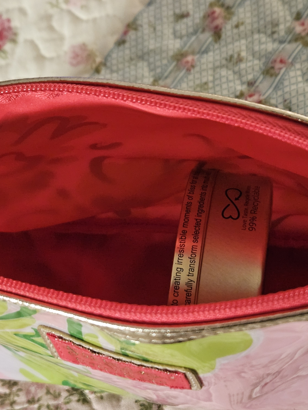 Lilly Pulitzer Pink Floral Vinyl Cosmetic Case with Gold Trim - Picture 6 of 7